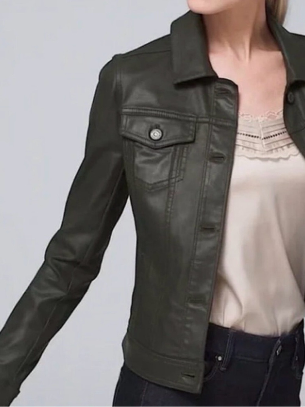 White House Black Market Coated Cropped Jacket - Fatigue Green NWT $150